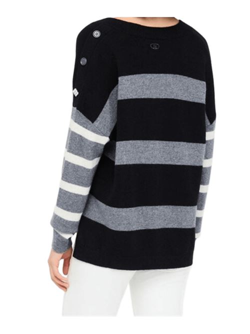 Maglia da donna in pura lana, bottone gioiello, righe nei toni di nero/grigio/ avorio LIU JO | MF5128-MS009C3819